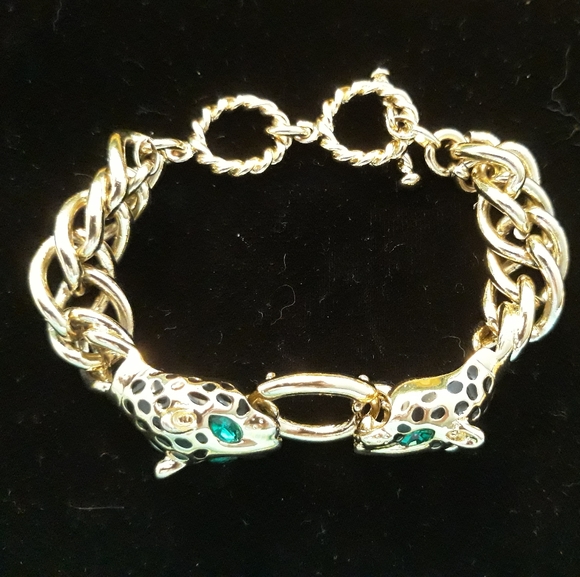 Vintage Double Leopard Head with Green Rhinestone Eyes Chunky Chain Bracelet - Picture 5 of 15